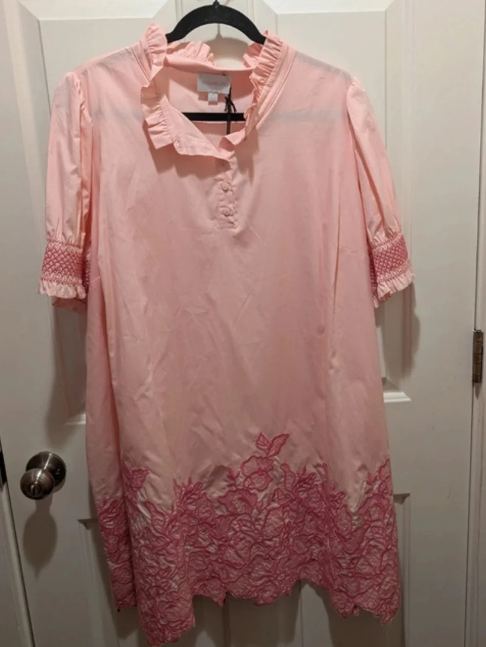 SugarLips Pink Embroidered Shift Dress With Elastic Sleeve And Ruffle Collar